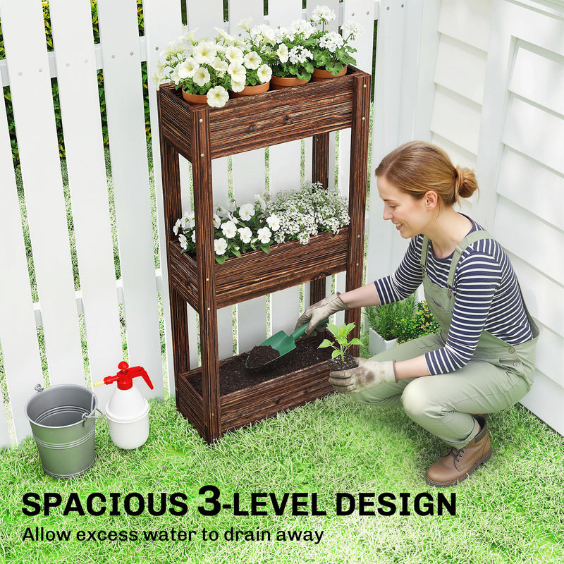 Raised Wooden Planter with 3 Tiers for Easy Gardening at Comfortable Height, Carbonised Finish Outsunny
