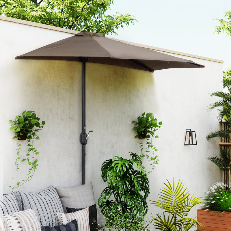 Brown 2.7m Half Parasol Garden Umbrella With Steel Ribs For Balcony Or Patio Shade