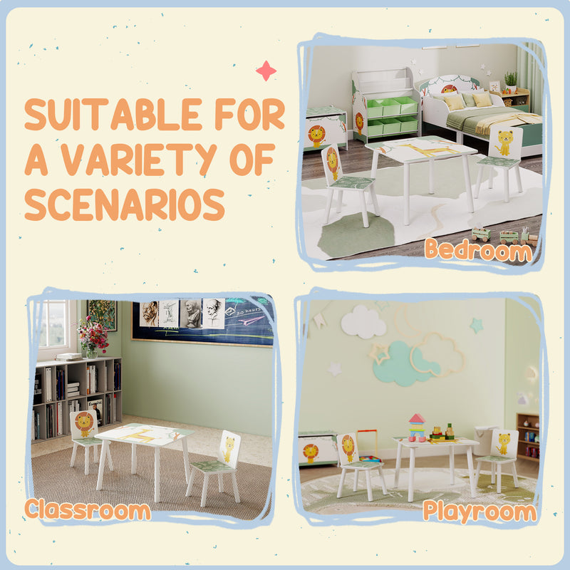 3 Piece Animal Themed Kids Table and 2 Chair Set with Storage for Playroom or Bedroom, Green