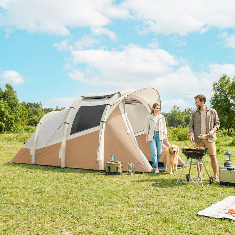 Inflatable Two Room Camping Tent for Quick Five Minute Setup Waterproof for 2 to 3 People Khaki Beige