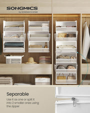 Cloud white hanging wardrobe organiser with folded clothes and mesh side pockets