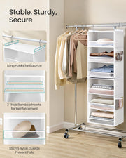 Two extended hooks on the cloud white organiser fitted to a hanging rail