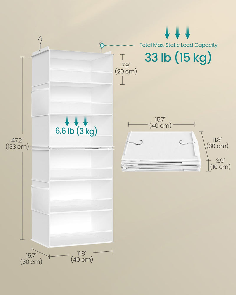 Dimensions diagram of the cloud white 6-tier hanging wardrobe organiser