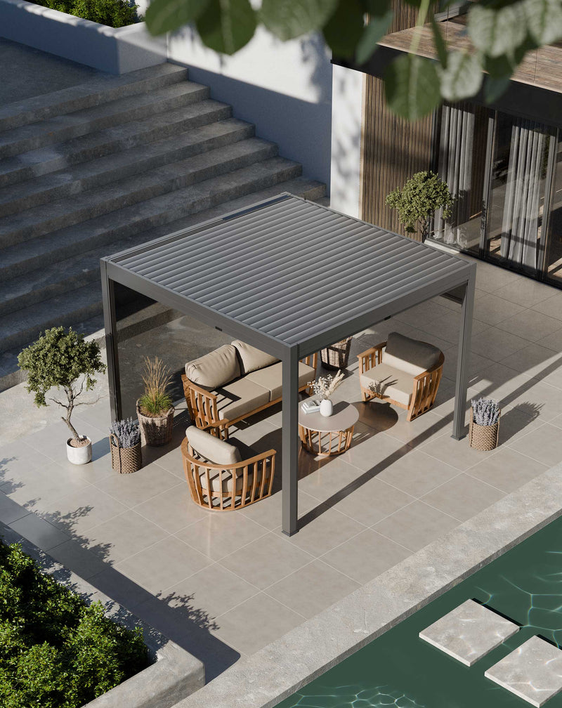 Luxe 3x3m louvred roof pergola with solar lighting and voice control