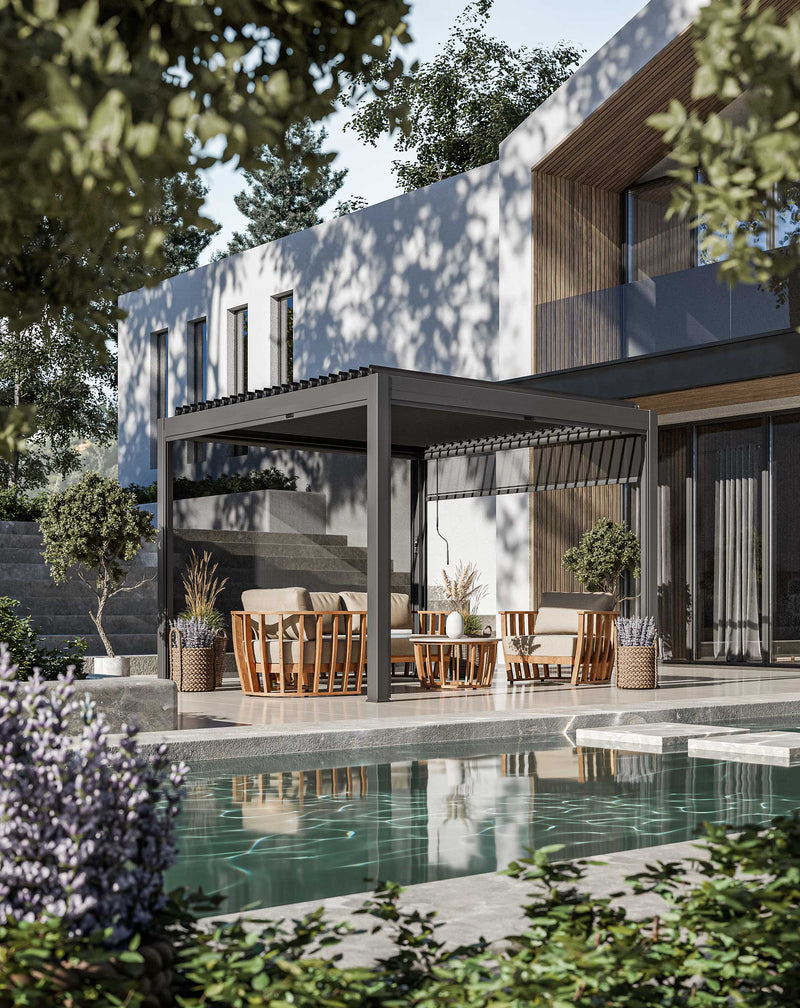 Luxe 3x3m louvred roof pergola with solar lighting and voice control
