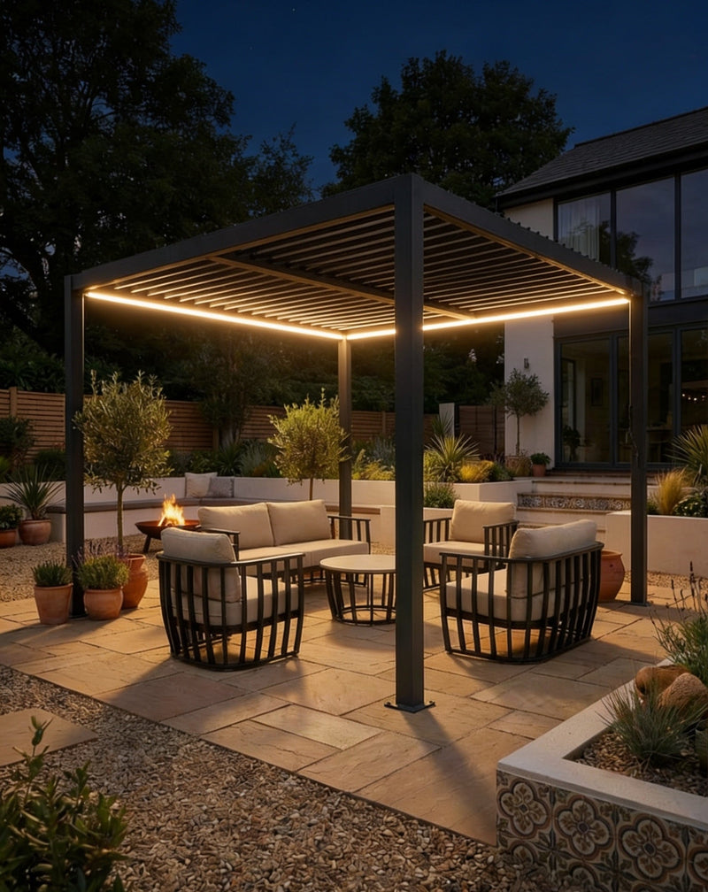 Pure 4x3m louvred roof pergola with solar LED lighting
