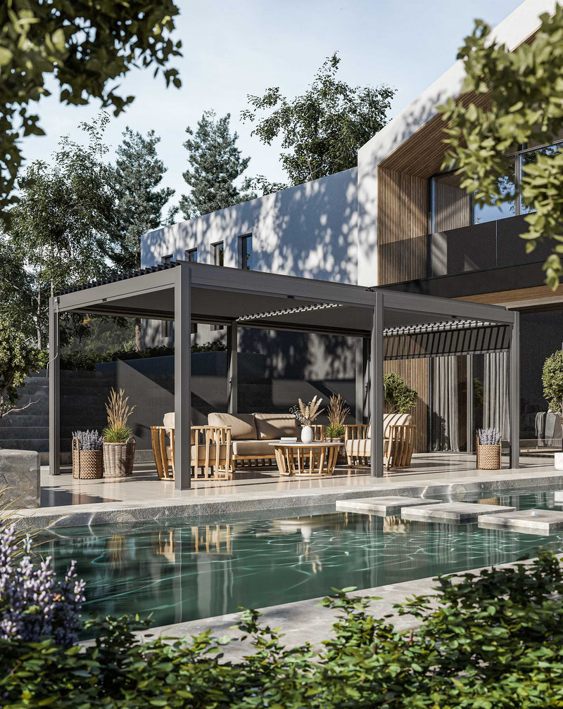 Luxe 6x3m louvred roof pergola with solar lighting and voice control