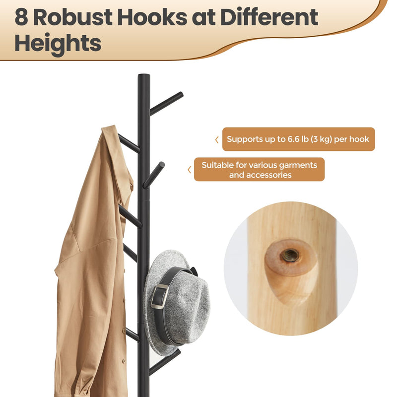Wooden Tree Style Standing Coat Rack with 8 Hooks and Adjustable Heights by Vasagle