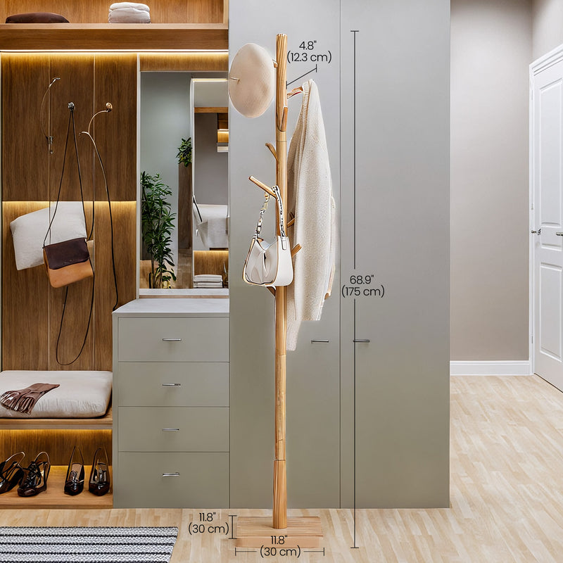 Solid Wood Freestanding Coat Rack with 8 Hooks and Adjustable Height Options by Vasagle