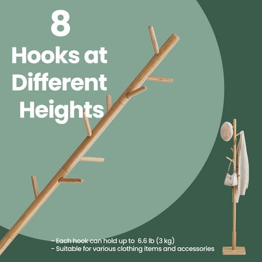 Solid Wood Freestanding Coat Rack with 8 Hooks and Adjustable Height Options by Vasagle