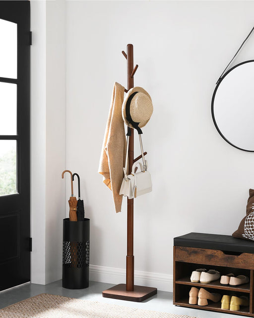 Solid Wood Coat Stand with 8 Hooks for Entryway in Dark Walnut Finish by Vasagle