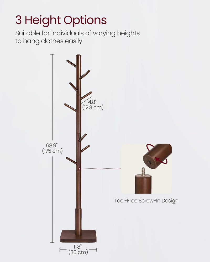Solid Wood Coat Stand with 8 Hooks for Entryway in Dark Walnut Finish by Vasagle