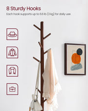 Solid Wood Coat Stand with 8 Hooks for Entryway in Dark Walnut Finish by Vasagle