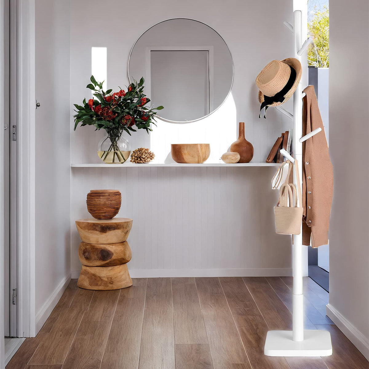 Vasagle White Solid Wood Coat Rack with 8 Hooks & Adjustable Height ...