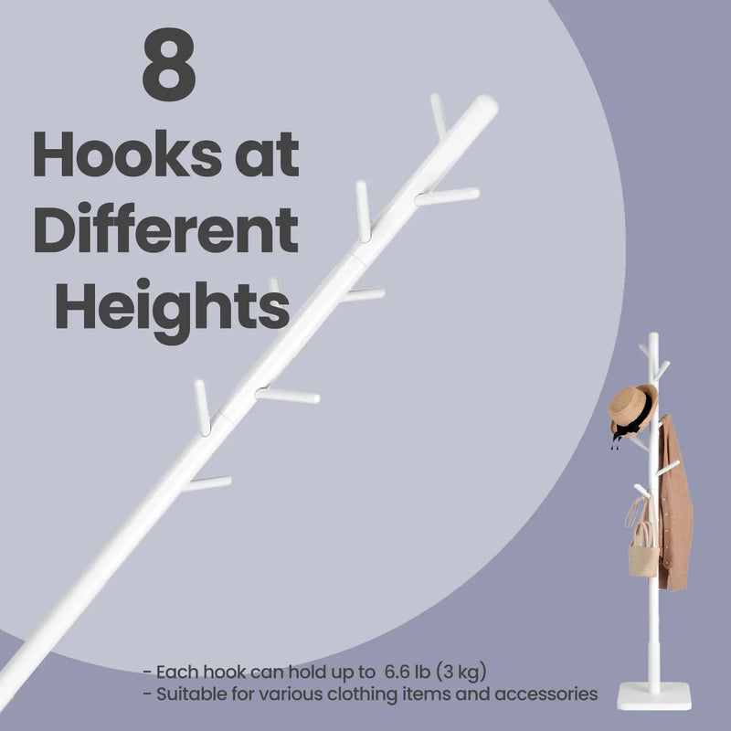 Solid Wood Freestanding Coat Rack with 8 Hooks and Adjustable Height by Vasagle