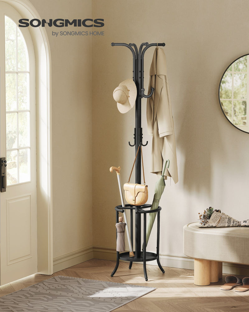 Freestanding Black Coat Rack with Hooks and Umbrella Stand for Hallway by Songmics