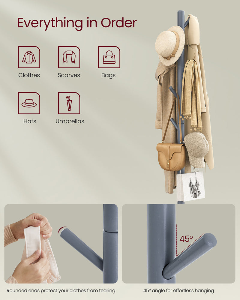 Solid Wood Coat Stand with 8 Hooks and Adjustable Height for Hallway or Bedroom by Vasagle