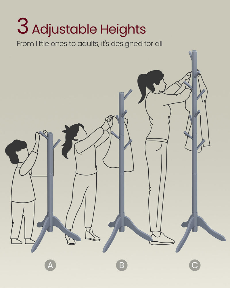 Solid Wood Coat Stand with 8 Hooks and Adjustable Height for Hallway or Bedroom by Vasagle