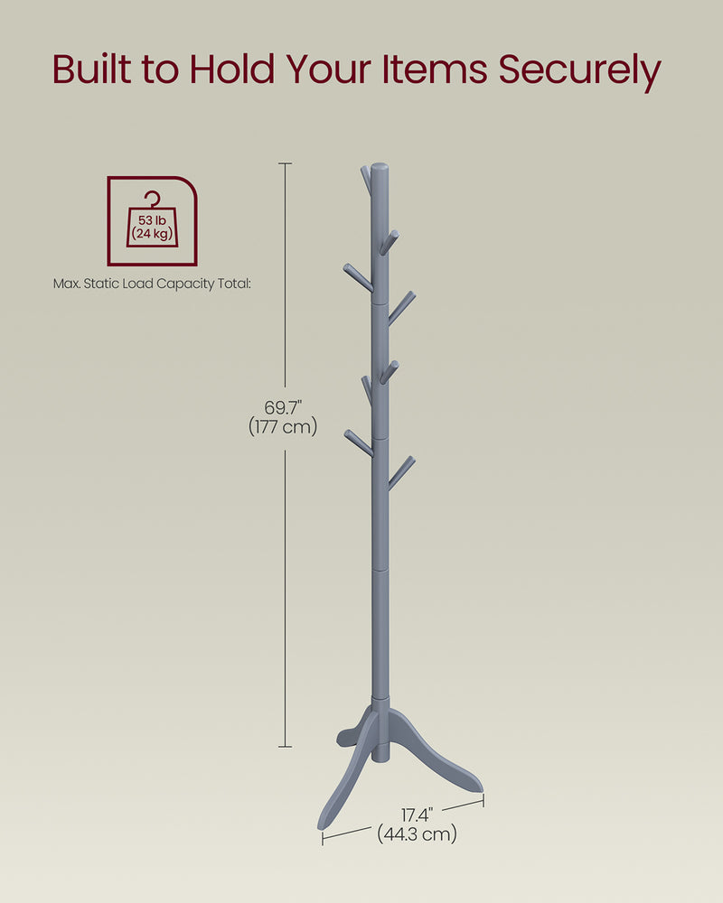 Solid Wood Coat Stand with 8 Hooks and Adjustable Height for Hallway or Bedroom by Vasagle