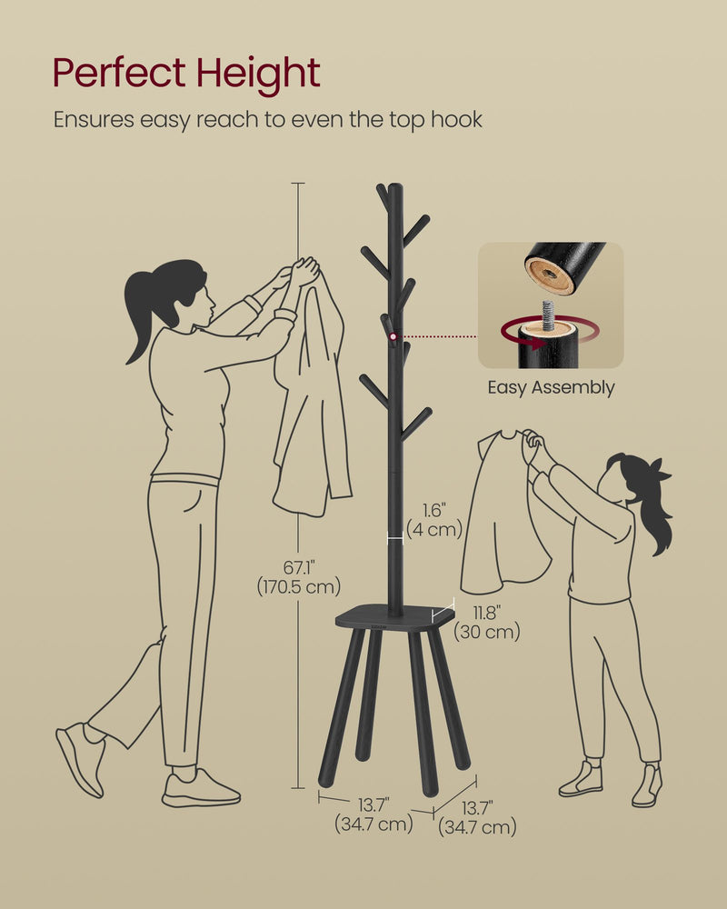 Tall Ink Black Coat Rack Stand with Hooks for Hallway and Entryway by Songmics