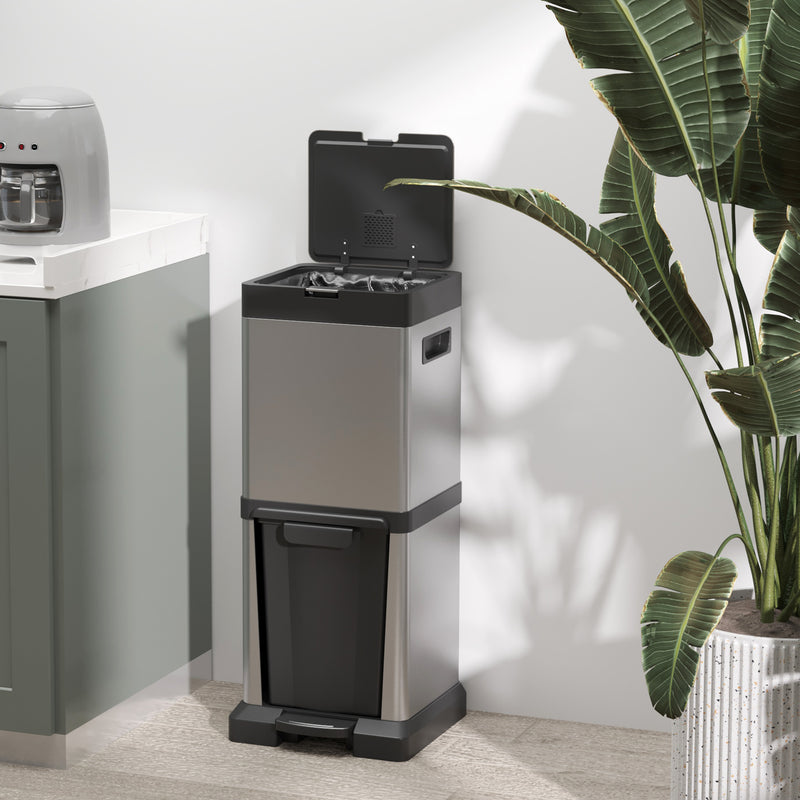 34L Double Kitchen Bin with Soft Close Lid Two Compartments for Waste and Recycling Grey