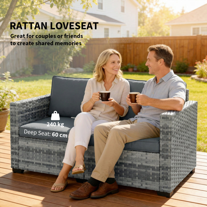 2 Seater Rattan Garden Sofa with Cushions for Outdoor Relaxing, Mixed Grey