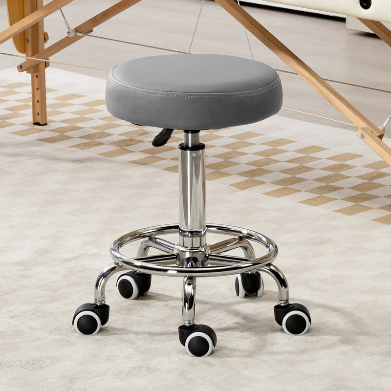 Height Adjustable Rolling Stool with PU Leather Seat and Wheels for Salon or Spa Use Grey