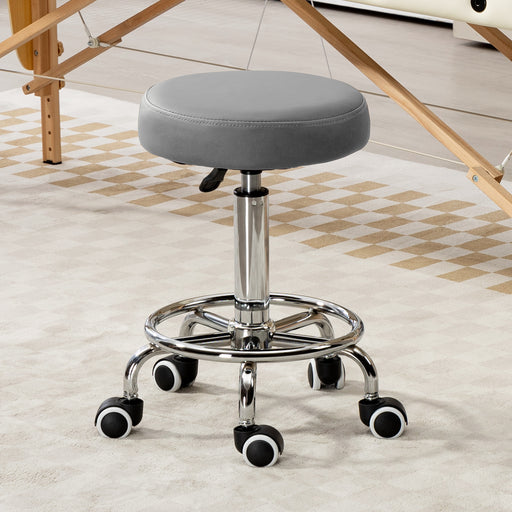 Height Adjustable Rolling Stool with PU Leather Seat and Wheels for Salon or Spa Use Grey