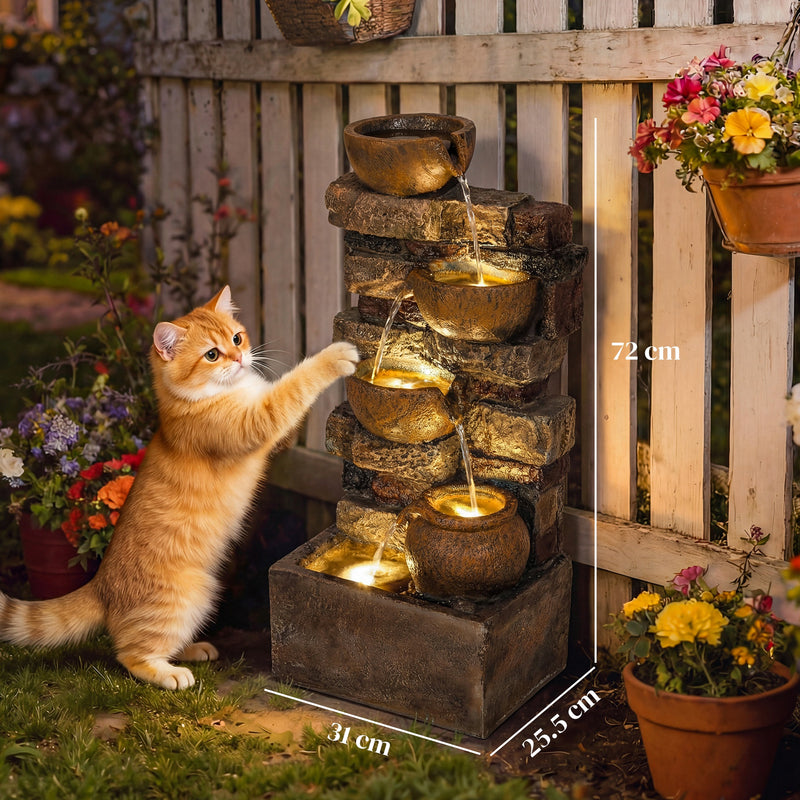 Garden Water Fountain with Calming Cascading Tiers and LED Lights for Relaxing Evenings Rustic Brown Outsunny
