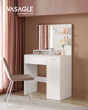 White Vanity Table with Mirror Drawer and Storage Shelves for Bedroom by Vasagle