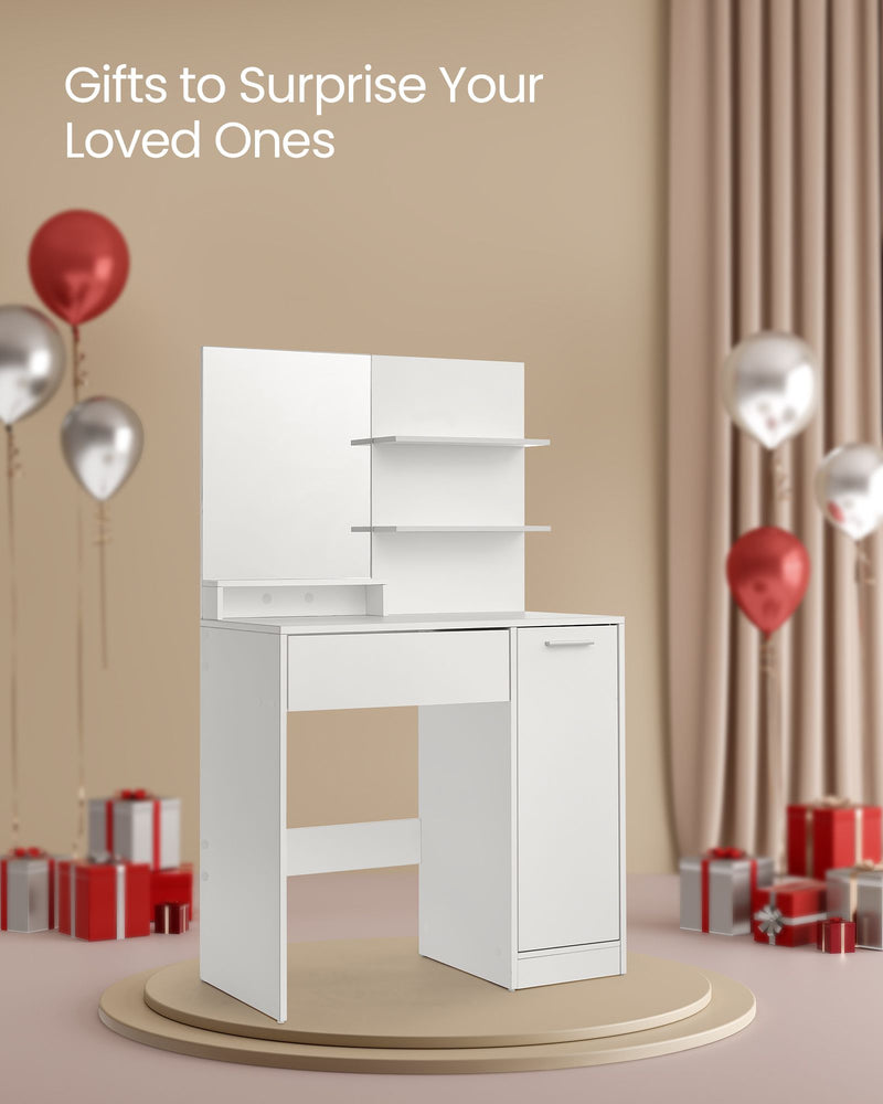 White Vanity Table with Mirror Drawer and Storage Shelves for Bedroom by Vasagle