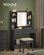 Black Dressing Table with LED Lights and Mirror for Bedroom and Makeup by Vasagle