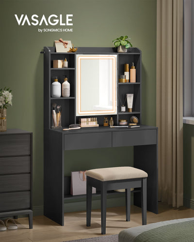 Black Dressing Table with LED Lights and Mirror for Bedroom and Makeup by Vasagle