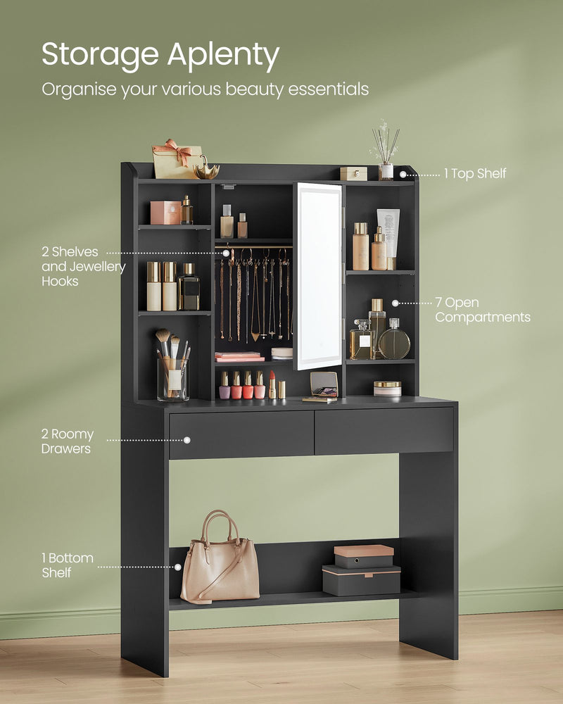 Black Dressing Table with LED Lights and Mirror for Bedroom and Makeup by Vasagle