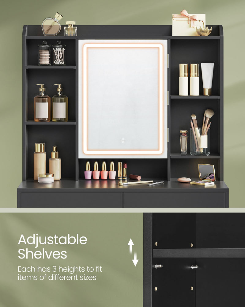 Black Dressing Table with LED Lights and Mirror for Bedroom and Makeup by Vasagle