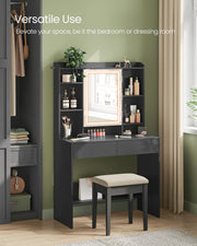 Black Dressing Table with LED Lights and Mirror for Bedroom and Makeup by Vasagle