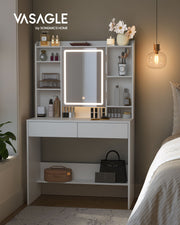 White Dressing Table with LED Mirror and Storage Drawers for Bedroom by Vasagle