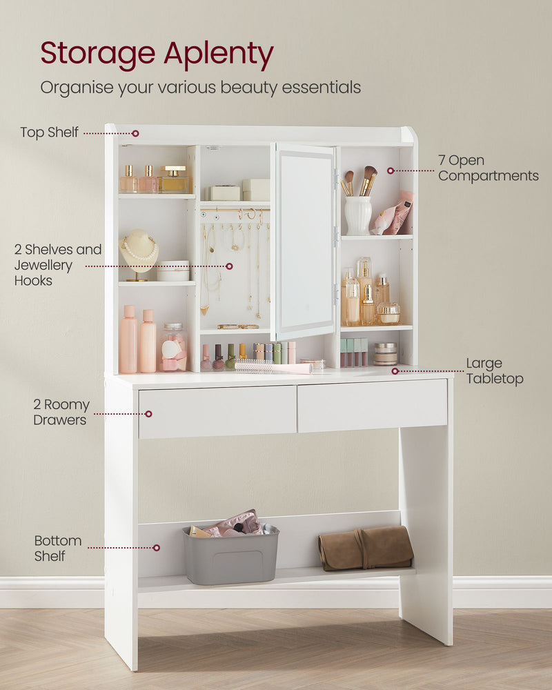 White Dressing Table with LED Mirror and Storage Drawers for Bedroom by Vasagle