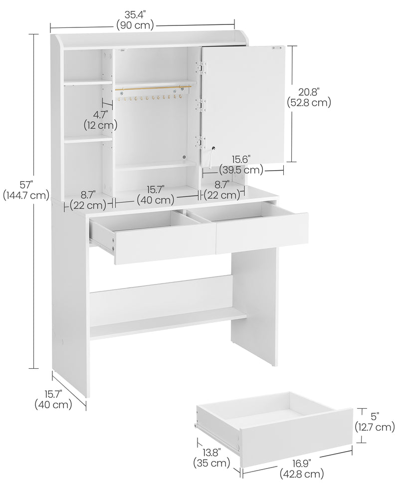 White Dressing Table with LED Mirror and Storage Drawers for Bedroom by Vasagle