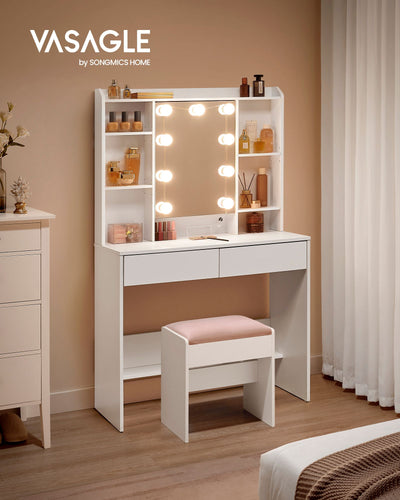White Dressing Table with LED Lights and Drawers for Bedroom or Makeup by Vasagle