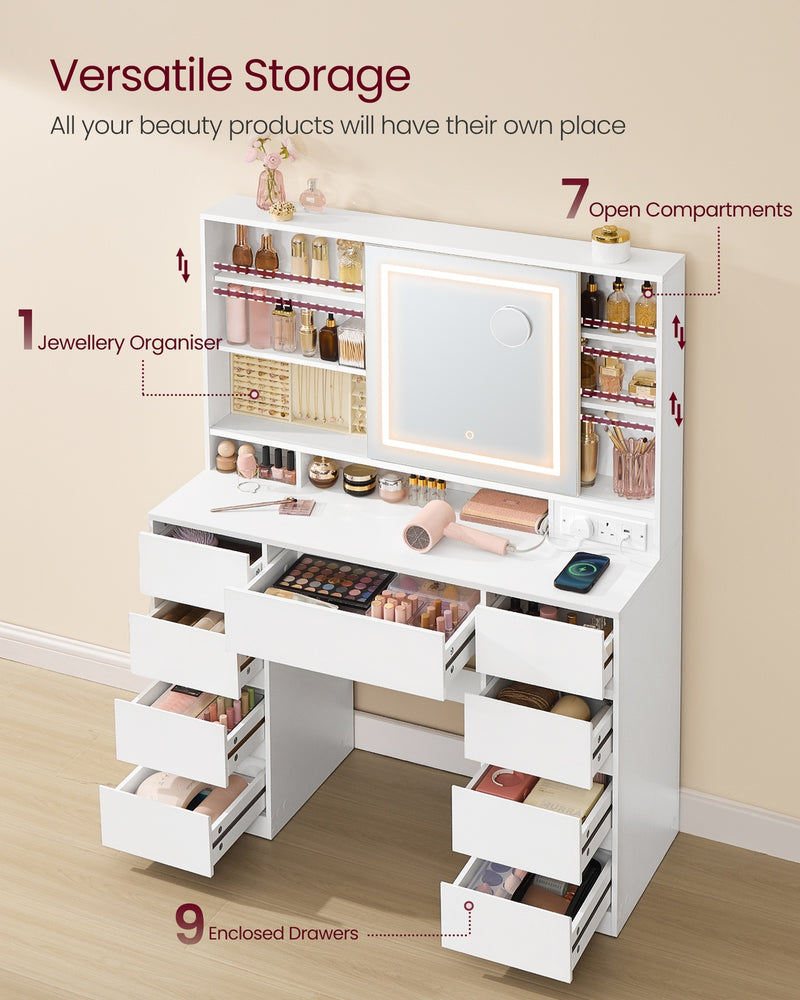 White Dressing Table with LED Mirror, 9 Drawers & Sliding Storage Shelves