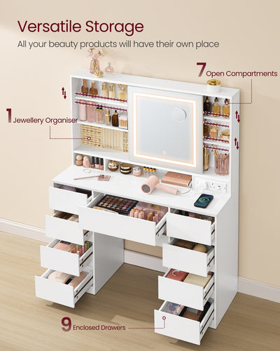 White Dressing Table with LED Mirror, 9 Drawers & Sliding Storage Shelves VASAGLE