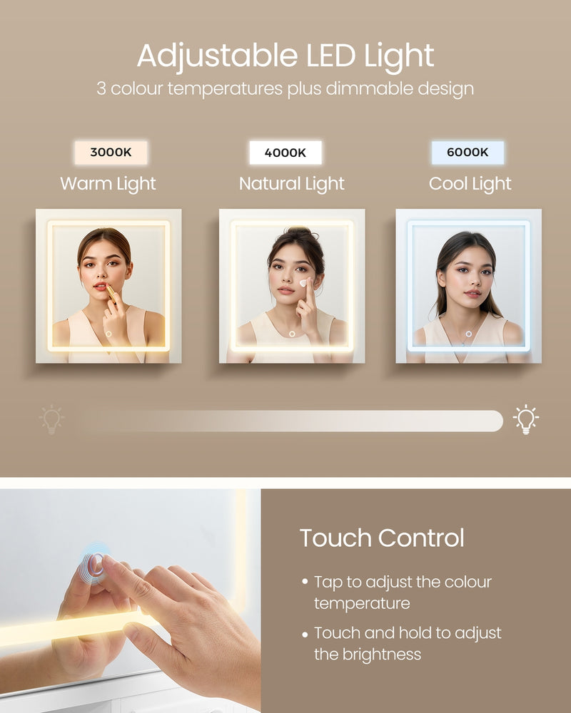 White dressing table with adjustable LED light with three color temperatures displayed on a beige background.