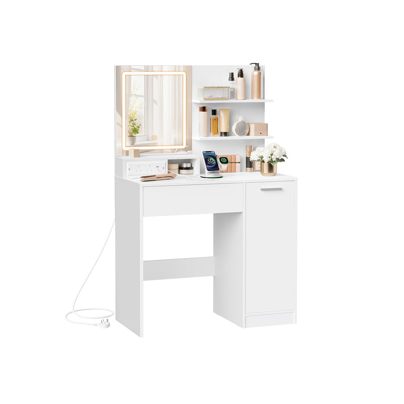 White Dressing Table with LED Mirror USB Power Drawer and Adjustable Storage Shelves by Vasagle
