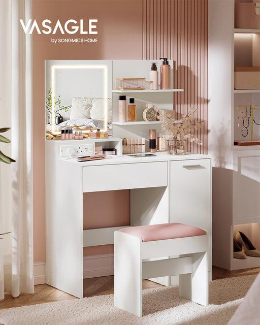 White Dressing Table with LED Mirror USB Power Drawer and Adjustable Storage Shelves by Vasagle