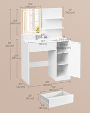 White Dressing Table with LED Mirror USB Power Drawer and Adjustable Storage Shelves by Vasagle