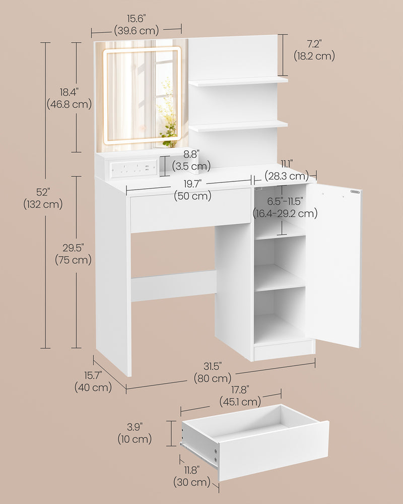 White Dressing Table with LED Mirror USB Power Drawer and Adjustable Storage Shelves by Vasagle