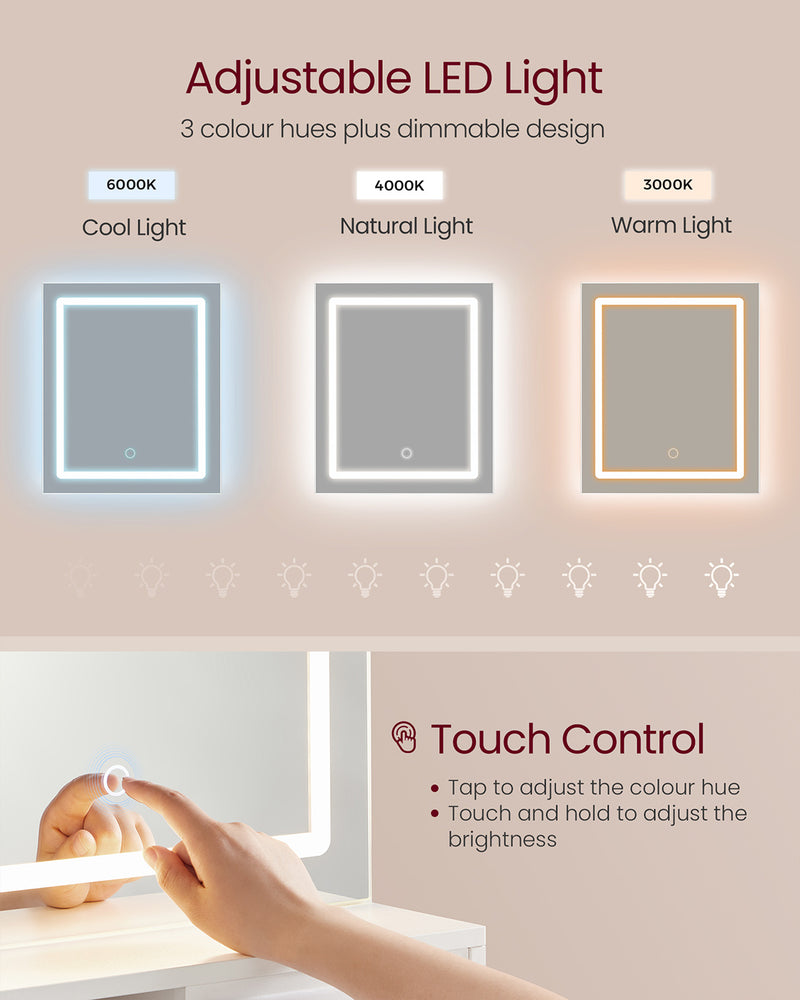 White Dressing Table with LED Mirror USB Power Drawer and Adjustable Storage Shelves by Vasagle