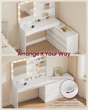 Adjustable Dressing Table with Mirror Drawers Built-in Power Outlets and 6 Drawer Dresser, White VASAGLE