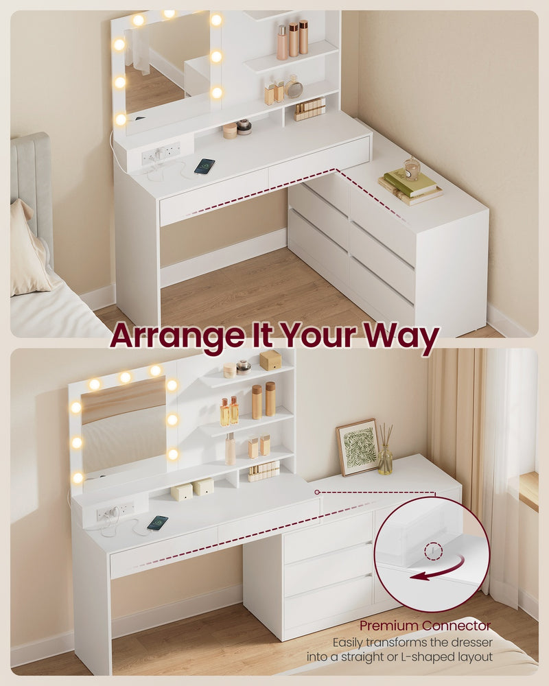 Adjustable Dressing Table with Mirror Drawers Built-in Power Outlets and 6 Drawer Dresser, White VASAGLE